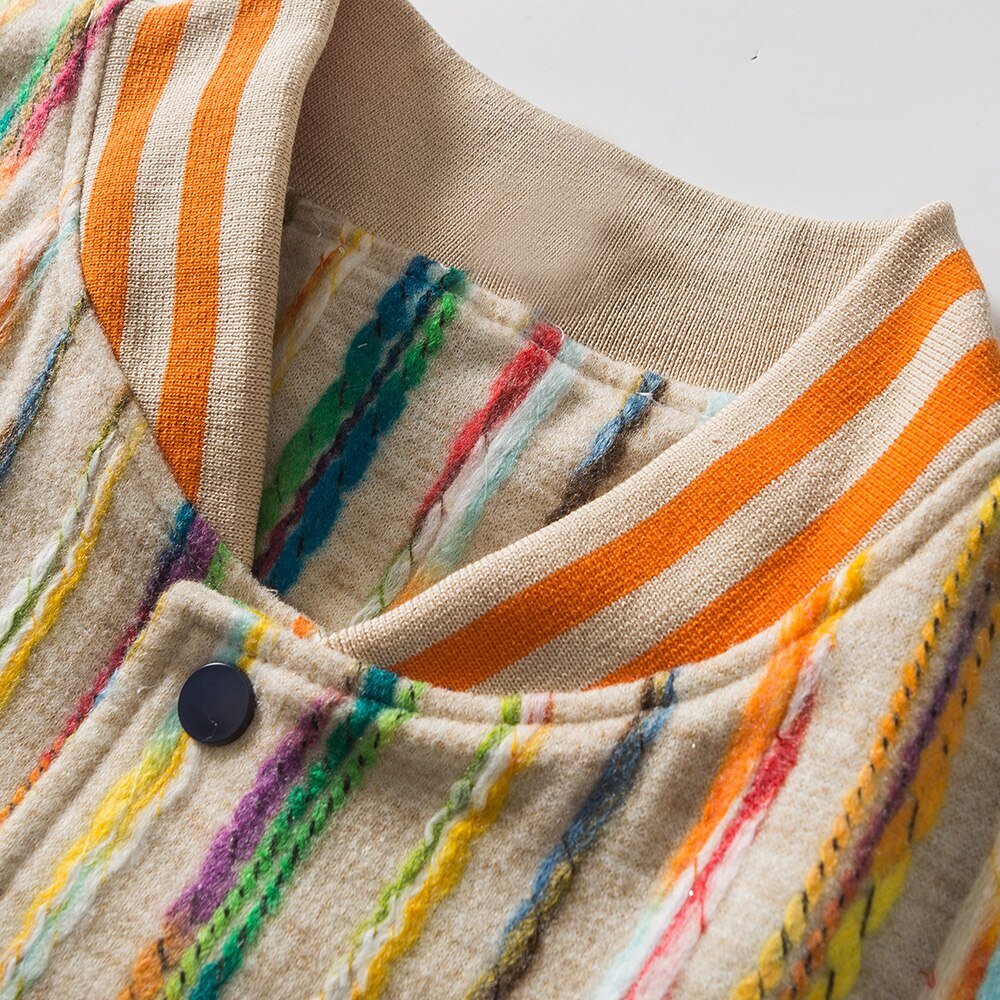 Baseball Jacket Men Colorful Knitted Striped Letter Embroidery Streetwear Men Loose Hip Hop Hipster Bomber Coats Autumn