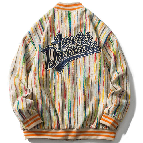 Baseball Jacket Men Colorful Knitted Striped Letter Embroidery Streetwear Men Loose Hip Hop Hipster Bomber Coats Autumn