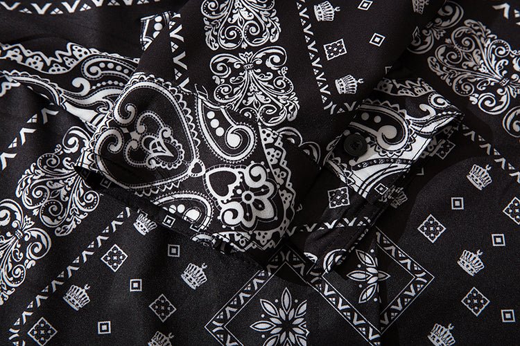 Cashew Flowers Print Shirt Mens Casual Loose Hip Hop Black Tops Long Sleeve Hawaiian Shirt Camisas Korean