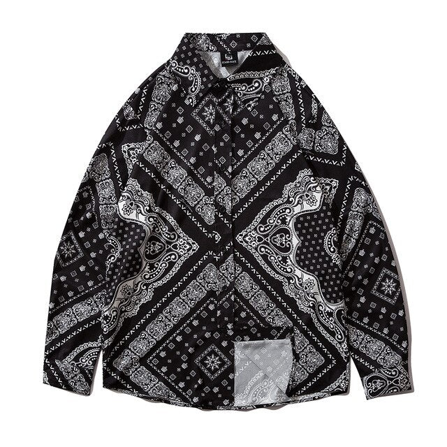 Cashew Flowers Print Shirt Mens Casual Loose Hip Hop Black Tops Long Sleeve Hawaiian Shirt Camisas Korean