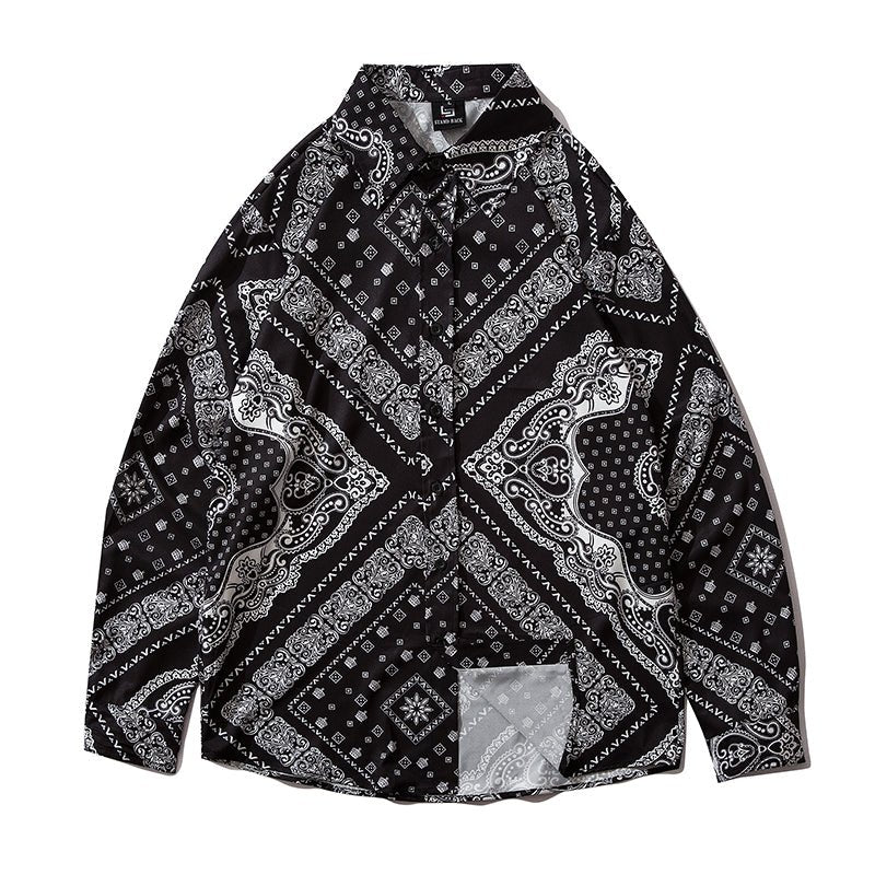 Cashew Flowers Print Shirt Mens Casual Loose Hip Hop Black Tops Long Sleeve Hawaiian Shirt Camisas Korean