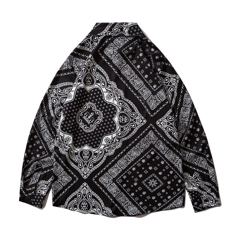 Cashew Flowers Print Shirt Mens Casual Loose Hip Hop Black Tops Long Sleeve Hawaiian Shirt Camisas Korean