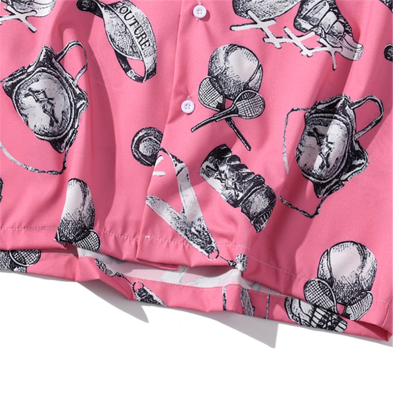 Summer Tennis Print Pink Beach Hawaiian Aloha Shirts Mens Casual Short Sleeve Shirt Male Fashion Shirts Tops