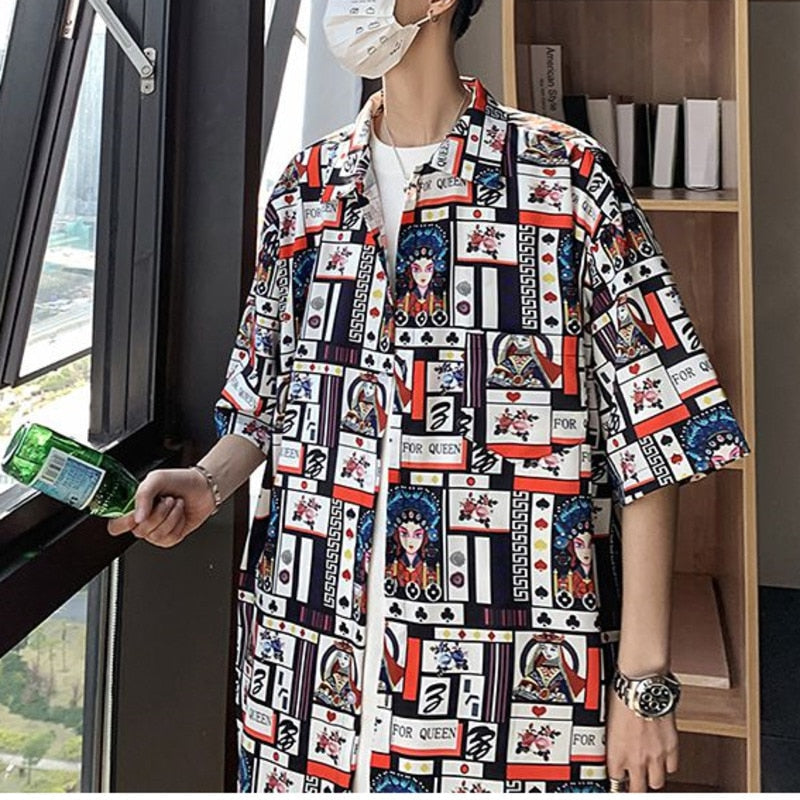 New Graffiti Pattern Mens Shirt Tops Playing Cards Printed Male Blouse Casual Half Sleeve Summer Floral Shirts