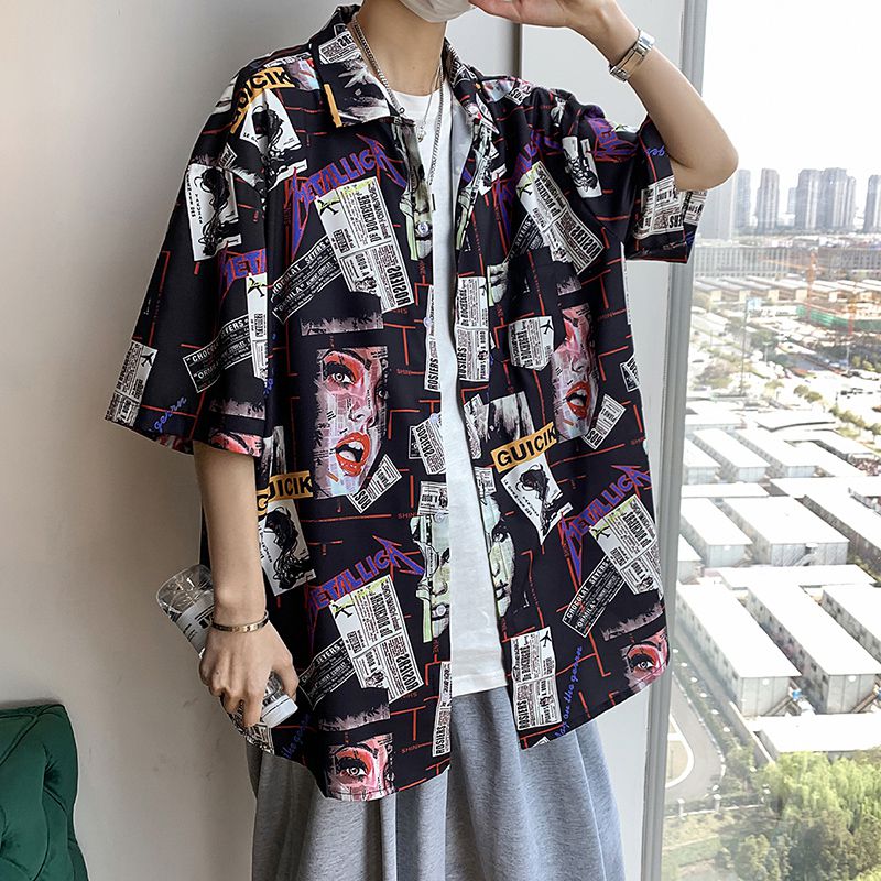 New Graffiti Pattern Mens Shirt Tops Playing Cards Printed Male Blouse Casual Half Sleeve Summer Floral Shirts