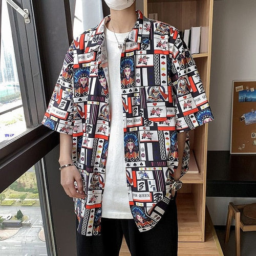 Graffiti Pattern Mens Shirt Tops Playing Cards Printed Male Summer Floral Shirts