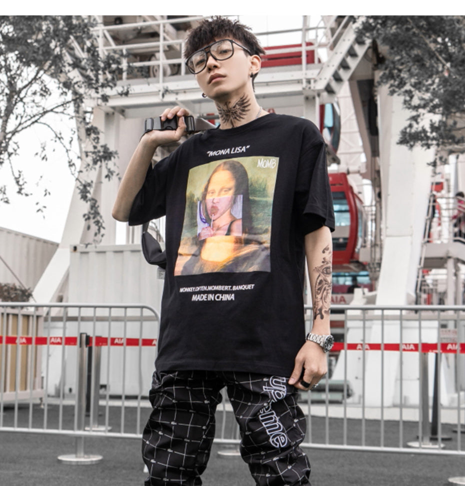 Funny Mona Lisa Printed Short Sleeve T Shirts Streetwear Men Summer Harajuku Hip Hop Top Tees Male Tshirts