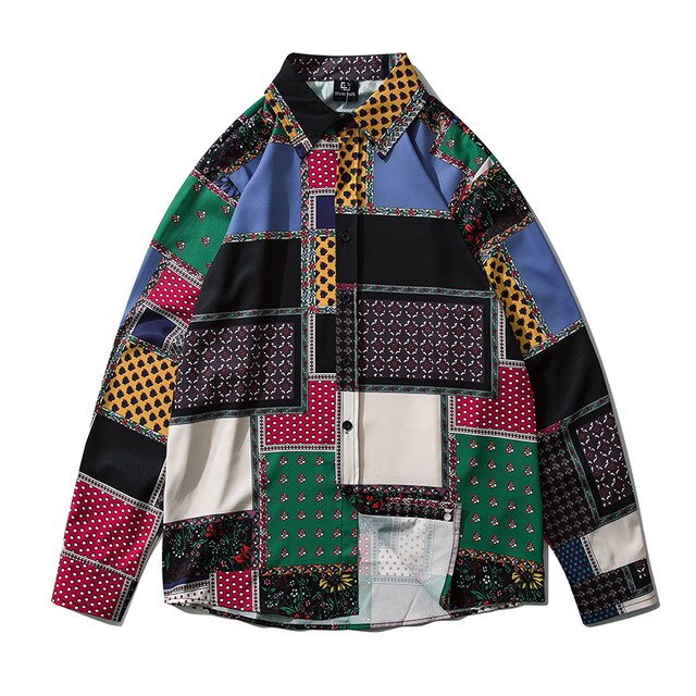 Geometry Print Shirts Color Block Patchwork Top Streetwear Mens Casual Hip Hop Long Sleeve Hawaiian Shirt
