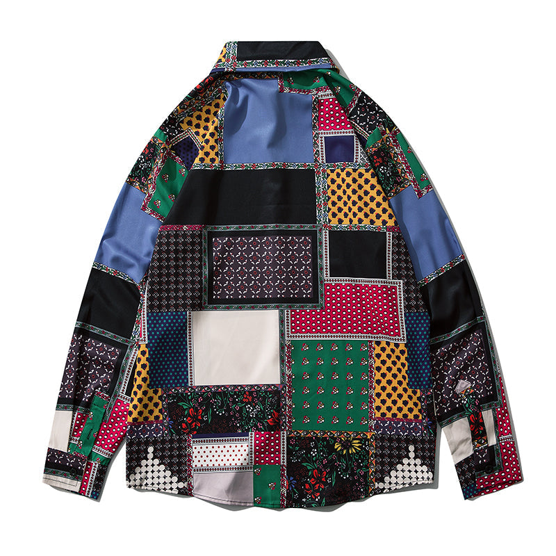 Geometry Print Shirts Color Block Patchwork Top Streetwear Mens Casual Hip Hop Long Sleeve Hawaiian Shirt