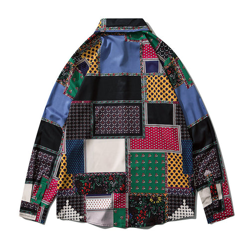 Geometry Print Shirts Color Block Patchwork Top Streetwear Mens Casual Hip Hop Long Sleeve Hawaiian Shirt
