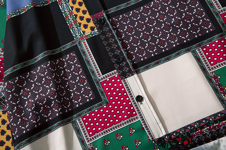 Geometry Print Shirts Color Block Patchwork Top Streetwear Mens Casual Hip Hop Long Sleeve Hawaiian Shirt