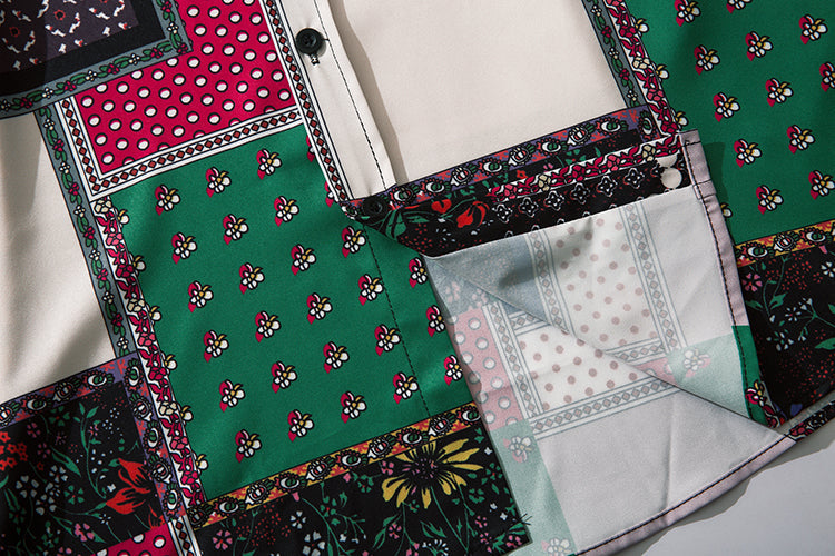 Geometry Print Shirts Color Block Patchwork Top Streetwear Mens Casual Hip Hop Long Sleeve Hawaiian Shirt