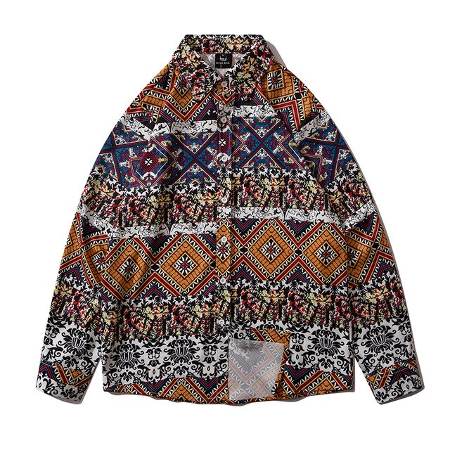 Geometry Print Orange Shirts Color Block Patchwork Clothes Mens Casual Hip Hop Long Sleeve Hawaiian Shirt