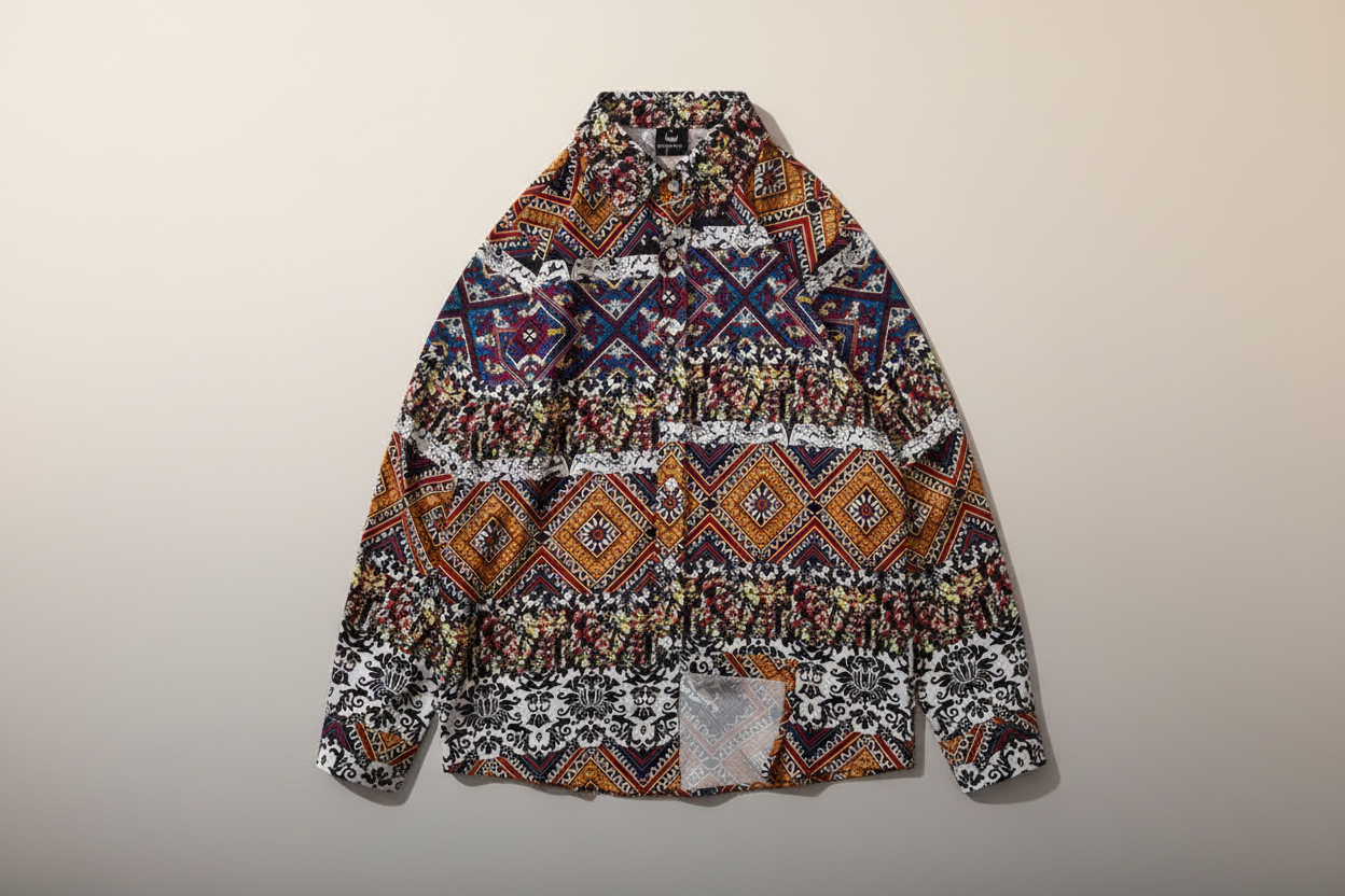 Orange Geometry Patchwork Shirt Mens Casual Hip Hop Long Sleeve