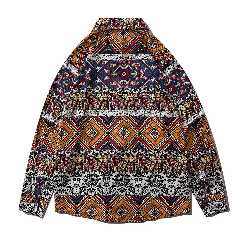 Geometry Print Orange Shirts Color Block Patchwork Clothes Mens Casual Hip Hop Long Sleeve Hawaiian Shirt