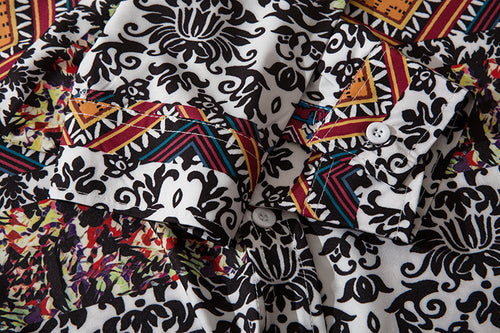 Geometry Print Orange Shirts Color Block Patchwork Clothes Mens Casual Hip Hop Long Sleeve Hawaiian Shirt