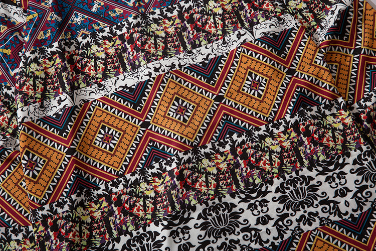 Geometry Print Orange Shirts Color Block Patchwork Clothes Mens Casual Hip Hop Long Sleeve Hawaiian Shirt