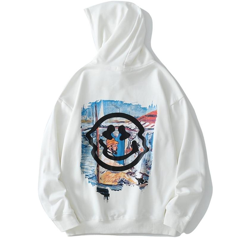 Hoodie Men Colorful Funny Illustration Print Hooded Pullovers Japanese High Street Hipster Sweatshirt Couple Streetwear