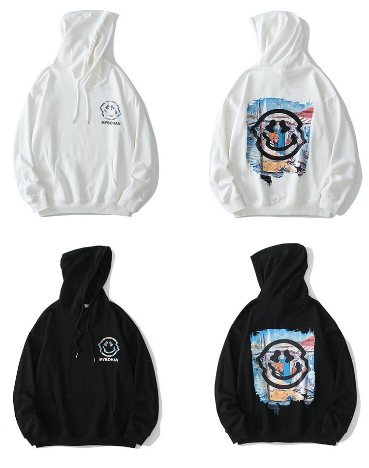 Hoodie Men Colorful Funny Illustration Print Hooded Pullovers Japanese High Street Hipster Sweatshirt Couple Streetwear